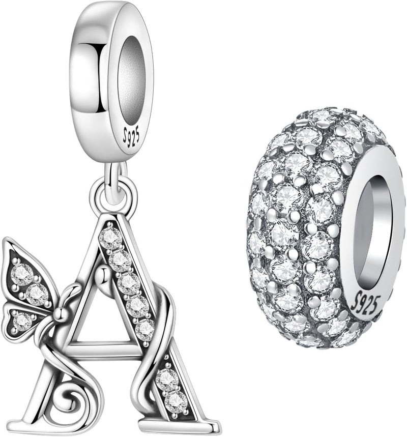 PANPOKI Store 2 Pack 925 Sterling Silver Butterfly Letter Charms for Bracelets and Necklace Alphabet Initial Dangle Pendants Round Spacer Beads Pave Cubic Zirconia Jewelry Gift for Women - Image 1